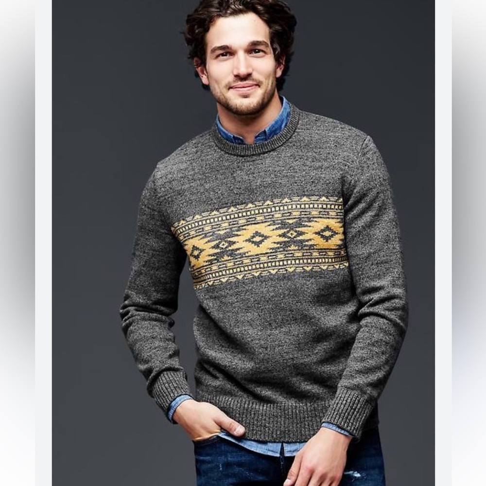 GAP Fair Isle Grey Heavyweight Sweater w Orange Aztec Stripe MED w MEASUREMENTS